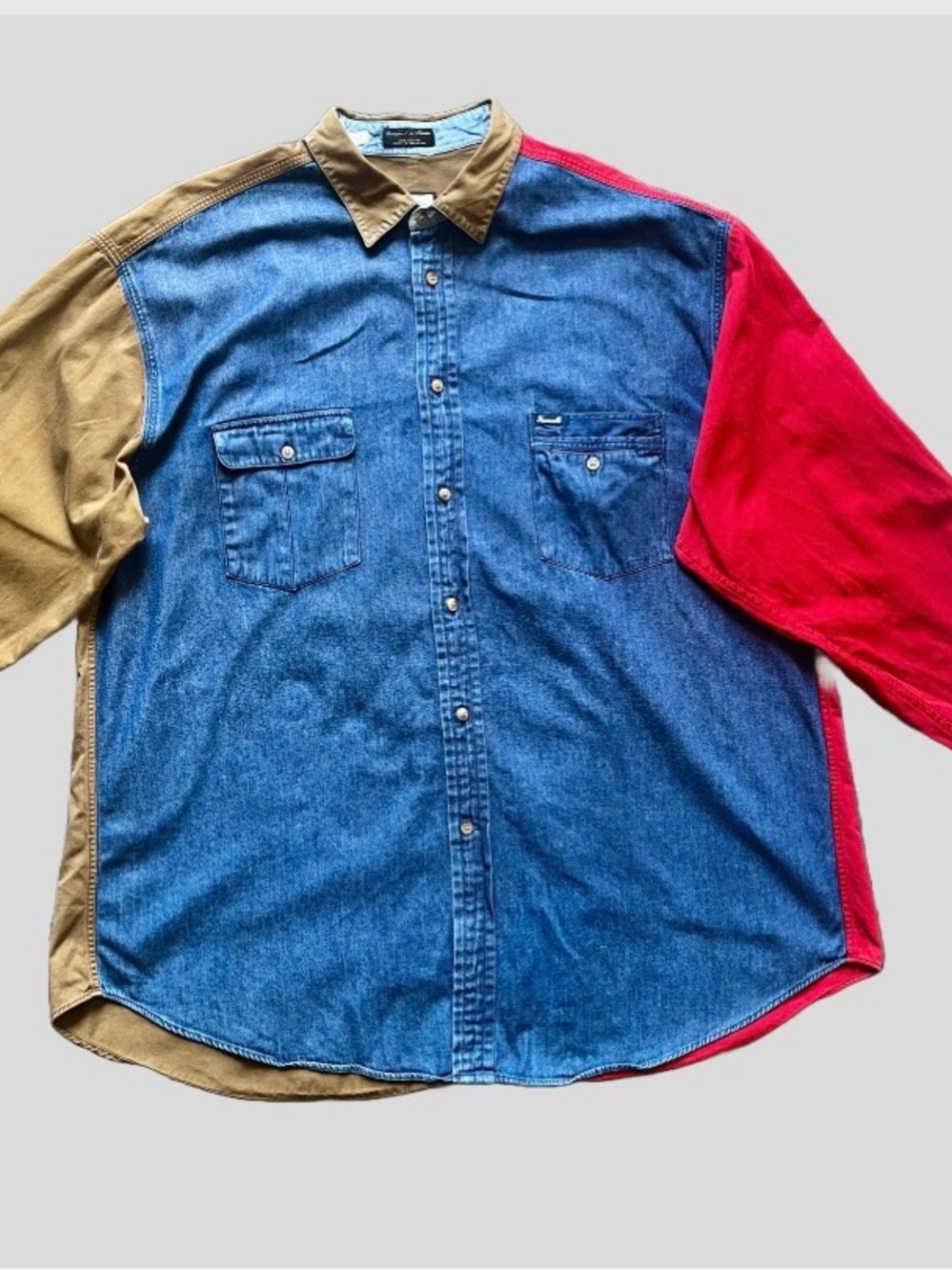 Colorblock Denim Button-Up Shirt - Blue, Red & Tan